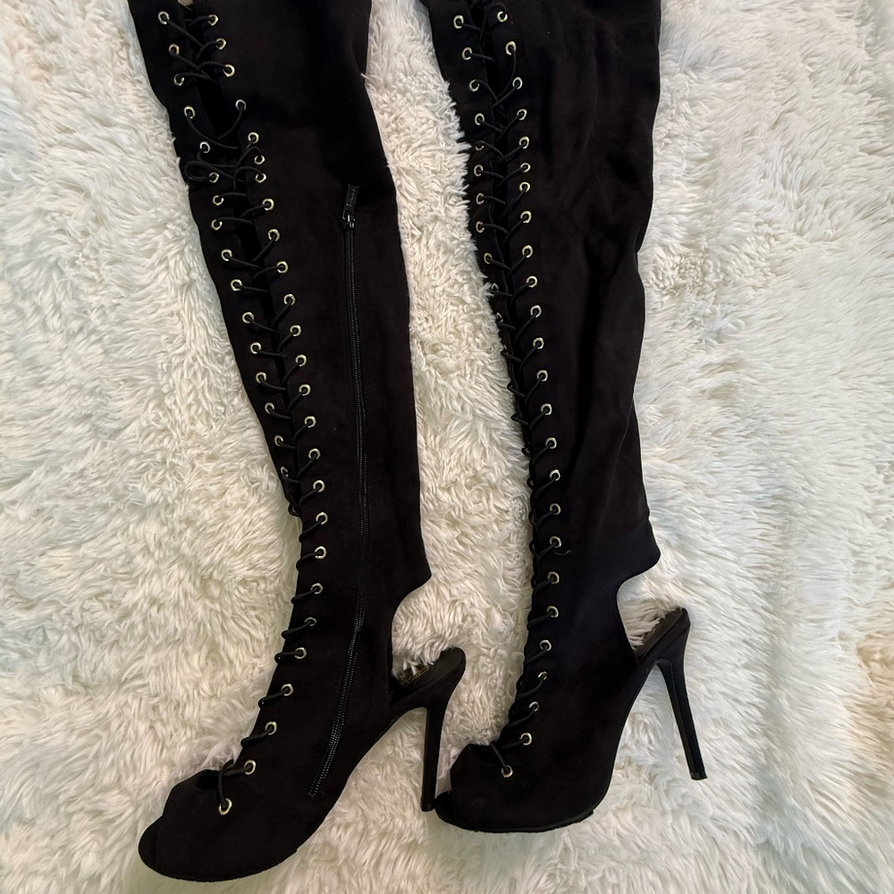 Black Suede Lace-Up Thigh-High Boots